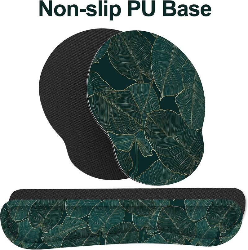 JIGOO Ergonomic Mouse Pad with Wrist Rest and Keyboard Wrist Rest, Mousepad and Wrist Rest for Computer Keyboard, Pain Relief, Non-Slip Base, Mouse Pad Wrist Support for Gaming, Office, Green Palm Leaf - Image 4